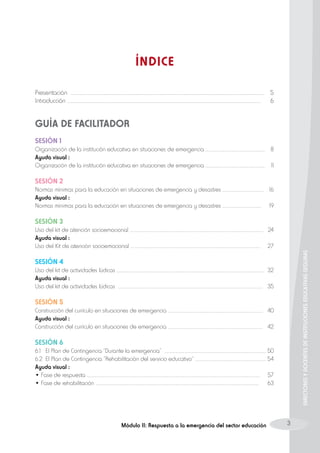 ÍNDICE
Presentación ..................................................................................................................................................................	 5
Introducción ..................................................................................................................................................................	 6

GUÍA DE FACILITADOR
Sesión 1
Organización de la institución educativa en situaciones de emergencia ......................................................	 8
Ayuda visual :
Organización de la institución educativa en situaciones de emergencia ......................................................	 11

Sesión 2
Normas mínimas para la educación en situaciones de emergencia y desastres .....................................	 16
Ayuda visual :
Normas mínimas para la educación en situaciones de emergencia y desastres ...................................	 19

Sesión 3

DIRECTORES Y DOCENTES DE INSTITUCIONES EDUCATIVAS SEGURAS

Uso del kit de atención socioemocional .........................................................................................................................	 24
Ayuda visual :
Uso del Kit de atención socioemocional ......................................................................................................................	 27

Sesión 4
Uso del kit de actividades lúdicas ......................................................................................................................................	 32
Ayuda visual :
Uso del kit de actividades lúdicas ...................................................................................................................................	 35

Sesión 5
Construcción del currículo en situaciones de emergencia ......................................................................................	 40
Ayuda visual :
Construcción del currículo en situaciones de emergencia ......................................................................................	 42

Sesión 6
6.1 El Plan de Contingencia “Durante la emergencia” ............................................................................................	50
6.2 El Plan de Contingencia “Rehabilitación del servicio educativo“ ................................................................	54
Ayuda visual :
• Fase de respuesta .............................................................................................................................................................	 57
• Fase de rehabilitación ....................................................................................................................................................	 63

Módulo II: Respuesta a la emergencia del sector educación

3

 