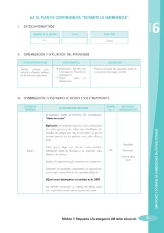 I.	

SESIÓN

6.1 EL PLAN DE CONTINGENCIA “DURANTE LA EMERGENCIA”
DATOS INFORMATIVOS
NÚMERO DE LA SESIÓN

DURACIÓN

FECHA

6.1

6

3 horas

II.	 ORGANIZACIÓN Y EVALUACIÓN DEL APRENDIZAJE
CAPACIDADES/ACTITUDES

CONOCIMIENTOS

INDICADORES

Señala acciones para
enfrentar el evento adverso
en la institución educativa.

•	 Elaboración del Plan de
Contingencia “Durante la
emergencia”.
•	 Pasos
para
su
elaboración.

Propone acciones de respuesta frente a
un escenario de riesgo concreto.

III.	 CONTINUACIÓN: EL ESCENARIO DE RIESGO Y SUS COMPONENTES
SECUENCIA
DIDÁCTICA

ACTIVIDADES/ESTRATEGIAS

TIEMPO
(min.)

RECURSOS/
INSTRUMENTOS

El facilitador realiza la dinámica de sensibilización
“Alerta en acción”.

INICIO

Cada grupo elige uno de los cuatro sentidos,
reflexionan sobre la consigna y se organizan para
llevarla a la práctica.
Realizan la experiencia y la presentan en un plenario.

DIRECTORES Y DOCENTES DE INSTITUCIONES EDUCATIVAS SEGURAS

Explicación: el facilitador organiza a los participantes
en cuatro grupos y les indica que identifiquen las
señales de peligro que hay en el entorno y que se
pueden percibir con los sentidos: vista, oído, olfato y
tacto.
Papelotes.
20

Plumones.
Cinta masking
tape

Comentan los resultados, sistematizan sus experiencias
y concluyen, respondiendo a la siguiente pregunta:
¿Qué función desempeñan los sentidos en la GRD?
Los sentidos constituyen un sistema de alerta, como
una capacidad innata que cada persona posee.

Módulo II: Respuesta a la emergencia del sector educación

51

 