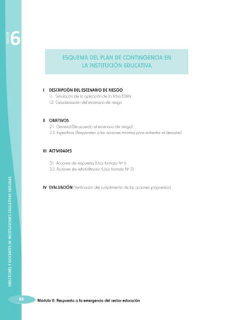 SESIÓN

6
ESQUEMA DEL PLAN DE CONTINGENCIA EN
LA INSTITUCIÓN EDUCATIVA

I 	 DESCRIPCIÓN DEL ESCENARIO DE RIESGO
	 1.1.	 Simulación de la aplicación de la ficha EDAN.
	 1.2.	Caracterización del escenario de riesgo.

II 	 OBJETIVOS
	 2.1. 	General (De acuerdo al escenario de riesgo)
	 2.2. 	 specíficos (Responden a las acciones mínimas para enfrentar el desastre)
E

III 	ACTIVIDADES

DIRECTORES Y DOCENTES DE INSTITUCIONES EDUCATIVAS SEGURAS

	
	

3.1. 		Acciones de respuesta (Usar formato Nº 1)
3.2. Acciones de rehabilitación (Usar formato Nº 2)

IV 	EVALUACIÓN (Verificación del cumplimiento de las acciones propuestas)

66

Módulo II: Respuesta a la emergencia del sector educación

 
