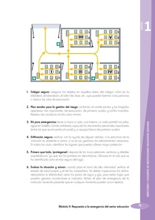 SESIÓN

1.	 Colegio seguro: asegurar los objetos en aquellas áreas del colegio, como en la
biblioteca, el laboratorio, el salón de clase, etc., que puedan lastimar a las personas
u obstruir las rutas de evacuación.

	

2.	 Plan escolar para la gestión del riesgo: conformar el comité escolar y las brigadas
operativas más importantes: de evacuación, de primeros auxilios y contra incendios.
Realizar tres simulacros al año como mínimo.

	

3.	 Kit para emergencias: tener a mano un pito, una linterna, un radio portátil con pilas,
agua en botella, comida enlatada, copia de los documentos personales importantes
(entre los que se encuentra el carné) y un equipo básico de primeros auxilios.

	

4.	 Edificación segura: verificar, con la ayuda de alguien idóneo, si la estructura de la
institución es resistente a sismos; si no es así, gestionar los reforzamientos necesarios.
En todos los casos, identificar los lugares que puedan ofrecer mayor protección.

	

5.	 Primero que todo, ¡protegerse!: alejarse de los muros exteriores, ventanas y detalles
arquitectónicos, ya que son los primeros en derrumbarse. Ubicarse en el sitio que se
ha identificado como el más seguro del lugar.

	

6.	 Evaluar la situación y actuar: cuando pase el sismo de alta intensidad, verificar el
estado de salud propio y el de los compañeros. Se deben inspeccionar los daños,
desconectar la electricidad, cerrar los pasos de agua y gas, para evitar fugas que
puedan generar inundaciones e incendios. Activar el plan de emergencia de la
institución, teniendo presente que en cualquier momento pueden ocurrir réplicas.

Módulo II: Respuesta a la emergencia del sector educación

DIRECTORES Y DOCENTES DE INSTITUCIONES EDUCATIVAS SEGURAS

	

1

75

 