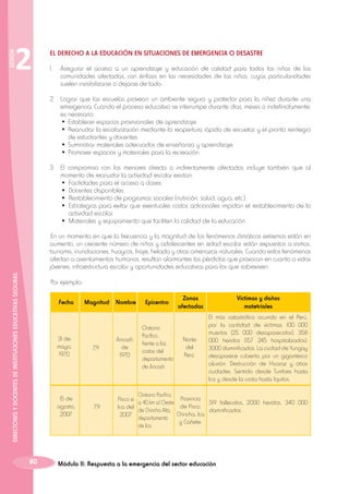 SESIÓN

2

EL DERECHO A LA EDUCACIÓN EN SITUACIONES DE EMERGENCIA O DESASTRE
1.	 Asegurar el acceso a un aprendizaje y educación de calidad para todos los niños de las
comunidades afectadas, con énfasis en las necesidades de las niñas, cuyas particularidades
suelen invisibilizarse o dejarse de lado.
2.	 Lograr que las escuelas provean un ambiente seguro y protector para la niñez durante una
emergencia. Cuando el proceso educativo se interrumpe durante días, meses o indefinidamente,
es necesario:
	 •	Establecer espacios provisionales de aprendizaje.
	 •	Reanudar la escolarización mediante la reapertura rápida de escuelas y el pronto reintegro
de estudiantes y docentes.
	 •	Suministrar materiales adecuados de enseñanza y aprendizaje.
	 •	Promover espacios y materiales para la recreación.
3.	 El compromiso con los menores directa o indirectamente afectados incluye también que al
momento de reanudar la actividad escolar existan:
	 •	 Facilidades para el acceso a clases.
	 •	 Docentes disponibles.
	 •	 Restablecimiento de programas sociales (nutrición, salud, agua, etc.).
	 •	 Estrategias para evitar que eventuales costos adicionales impidan el restablecimiento de la
actividad escolar.
	 •	 Materiales y equipamiento que faciliten la calidad de la educación.

DIRECTORES Y DOCENTES DE INSTITUCIONES EDUCATIVAS SEGURAS

En un momento en que la frecuencia y la magnitud de los fenómenos climáticos extremos están en
aumento, un creciente número de niños y adolescentes en edad escolar están expuestos a sismos,
tsunamis, inundaciones, huaycos, friaje, helada y otras amenazas naturales. Cuando estos fenómenos
afectan a asentamientos humanos, resultan alarmantes las pérdidas que provocan en cuanto a vidas
jóvenes, infraestructura escolar y oportunidades educativas para los que sobreviven.
Por ejemplo:
Fecha

31 de
mayo,
1970

15 de
agosto,
2007

80

Magnitud Nombre

7,9

7,9

Ancash
de
1970

Epicentro

Océano
Pacífico,
frente a las
costas del
departamento
de Ancash.

Zonas
afectadas

Víctimas y daños
matetriales

Norte
del
Perú.

El más catastrófico ocurrido en el Perú,
por la cantidad de víctimas: 100 000
muertos (25 000 desaparecidos); 358
000 heridos (157 245 hospitalizados);
3000 damnificados. La ciudad de Yungay
desaparece cubierta por un gigantesco
aluvión. Destrucción de Huaraz y otras
ciudades. Sentido desde Tumbes hasta
Ica y desde la costa hasta Iquitos.

Océano Pacifíco,
Provincia
Pisco e
a 40 km al Oeste
519 fallecidos, 2000 heridos, 340 000
de Pisco,
Ica del
de Chincha Alta,
damnificados.
Chincha, Ica
2007
departamento
y Cañete.
de Ica.

Módulo II: Respuesta a la emergencia del sector educación

 