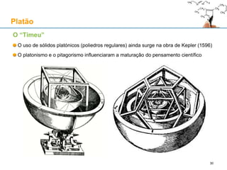 O “Timeu”
O uso de sólidos platónicos (poliedros regulares) ainda surge na obra de Kepler (1596)
O platonismo e o pitagorismo influenciaram a maturação do pensamento científico
Platão
30
 