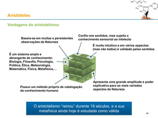 Causa final
P: Para que tende / serve a coisa?
R: Pela sua tetravalência, liga-se facilmente com
outros átomos, viabilizando cerca de dez milhões
de compostos; elemento essencial para a vida
Causa formal
P: O que é a coisa?
R: Um não metal de massa atómica 12u, raio atómico
de 67pm e configuração electrónica [He] 2s2 2p2
Causa eficiente
P: Como surgiu a coisa?
R: Nas estrelas (processo triplo-alfa)
Causa material
P: De que é feita a coisa?
R: De 6 protões, 6 neutrões e 6 electrões
Os quatro tipos de causas (numa coisa natural: o Carbono-12)
Aristóteles
44
 