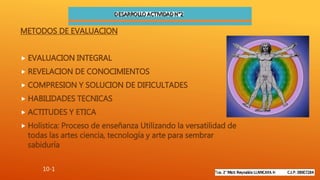 METODOS DE EVALUACION
 EVALUACION INTEGRAL
 REVELACION DE CONOCIMIENTOS
 COMPRESION Y SOLUCION DE DIFICULTADES
 HABILIDADES TECNICAS
 ACTITUDES Y ETICA
 Holística: Proceso de enseñanza Utilizando la versatilidad de
todas las artes ciencia, tecnología y arte para sembrar
sabiduría
10-1
 