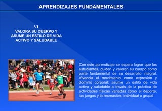 VI
VALORA SU CUERPO Y
ASUME UN ESTILO DE VIDA
ACTIVO Y SALUDABLE
APRENDIZAJES FUNDAMENTALES
Con este aprendizaje se espera lograr que los
estudiantes, cuiden y valoren su cuerpo como
parte fundamental de su desarrollo integral.
Vivencia el movimiento como expresión y
dominio corporal; asume un estilo de vida
activo y saludable a través de la práctica de
actividades físicas variadas como el deporte,
los juegos y la recreación, individual o grupal
 