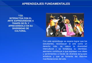 VIII
INTERACTÚA CON EL
ARTE EXPRESÁNDOSE A
TRAVÉS DE ÉL Y
APRECIÁNDOLO EN SU
DIVERSIDAD DE
CULTURAL.
APRENDIZAJES FUNDAMENTALES
Con este aprendizaje se espera lograr que los
estudiantes, reconozcan el arte como un
derecho más, se valore la diversidad
intercultural y se fortalezca su identidad,
asimismo contribuye a que expresen sus ideas
y sentimientos a través de diversos lenguajes
artísticos y que se fomente las distintas
manifestaciones del arte.
 