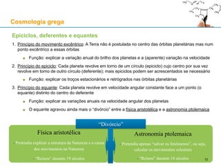 Epiciclos, deferentes e equantes
1. Princípio do movimento excêntrico: A Terra não é postulada no centro das órbitas planetárias mas
num ponto excêntrico a essas órbitas
Função: explicar a variação anual do brilho dos planetas e a (aparente) variação na velocidade
2. Princípio do epiciclo: Cada planeta revolve em torno de um círculo (epiciclo) cujo centro por sua vez
revolve em torno de outro círculo (deferente); mais epiciclos podem ser acrescentados se necessário
Função: explicar os troços estacionários e retrógrados nas órbitas planetárias
3. Princípio do equante: Cada planeta revolve em velocidade angular constante face a um ponto (o
equante) distinto do centro do deferente
Função: explicar as variações anuais na velocidade angular dos planetas
O equante agravou ainda mais o “divórcio” entre a física aristotélica e a astronomia ptolemaica
Cosmologia grega
Física aristotélica
• Pretendia explicar a estrutura da Natureza e a
causa dos movimentos na Natureza
• “Reinou” durante 19 séculos
Astronomia ptolemaica
• Pretendia apenas “salvar os fenómenos”,
ou seja, calcular os movimentos celestiais
• “Reinou” durante 14 séculos
“Divórcio”
12
 