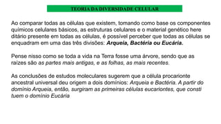 TEORIA DA DIVERSIDADE CELULAR
Ao comparar todas as células que existem, tomando como base os componentes
químicos celulares básicos, as estruturas celulares e o material genético here
ditário presente em todas as células, é possível perceber que todas as células se
enquadram em uma das três divisões: Arqueia, Bactéria ou Eucária.
Pense nisso como se toda a vida na Terra fosse uma árvore, sendo que as
raízes são as partes mais antigas, e as folhas, as mais recentes.
As conclusões de estudos moleculares sugerem que a célula procarionte
ancestral universal deu origem a dois domínios: Arqueia e Bactéria. A partir do
domínio Arqueia, então, surgiram as primeiras células eucariontes, que consti
tuem o domínio Eucária
 