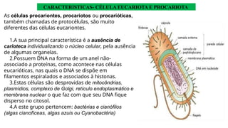 As células procariontes, procariotos ou procarióticas,
também chamadas de protocélulas, são muito
diferentes das células eucariontes.
1.A sua principal característica é a ausência de
carioteca individualizando o núcleo celular, pela ausência
de algumas organelas.
2.Possuem DNA na forma de um anel não-
associado a proteínas, como acontece nas células
eucarióticas, nas quais o DNA se dispõe em
filamentos espiralados e associados à histonas.
3.Estas células são desprovidas de mitocôndrias,
plasmídios, complexo de Golgi, retículo endoplasmático e
membrana nuclear o que faz com que seu DNA fique
disperso no citosol.
4.A este grupo pertencem: bactérias e cianófilos
(algas cianofíceas, algas azuis ou Cyanobactéria)
CARACTERISTICAS- CÉLULA EUCARIOTA E PROCARIOTA
 