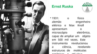 Ernst Ruska
• 1931: o físico
alemão engenheiro
elétrico e Max Knoll
apresentam o
microscópio eletrônico,
capaz de ampliar um objeto
em 500 mil vezes. Este
instrumento revolucionou
a ciência, revelando
estruturas de moléculas
 