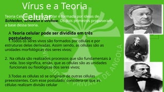 Teoria Celular: A Teoria Celular é formada por ideias de
Schleiden, Schwann e Virchow. Os dois primeiros propuseram
a base dessa teoria.
A Teoria celular pode ser dividida em três
postulados:
1.Todos os seres vivos são formados por células e por
estruturas delas derivadas. Assim sendo, as células são as
unidades morfológicas dos seres vivos;
2. Na célula são realizados processos que são fundamentais à
vida. Isso significa, então, que as células são as unidades
funcionais ou fisiológicas dos seres vivos;
3.Todas as células só se originam de outras células
preexistentes. Com esse postulado, considera-se que as
células realizam divisão celular
Vírus e a Teoria
Celular
1838
 