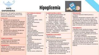 Info-enfermería
Hipoglicemia
Glicemia de < 40 mg/dl en neonatos a
término o pretérmino, al menos en dos
mediciones consecutivas.
FACTORES DE RIESGO
Neonatales
• Bajo peso al nacer.
• Prematuridad.
• Macrosomía.
• Recién nacido (PEG) - (GEG).
• Postmadurez.
• Retardo del crecimiento
intrauterino.
• Policitemia.
• Asfixia o depresión.
• Sepsis.
• Hipotermia.
• Ayuno prolongado.
• Recambio sanguíneo
• Errores innatos del metabolismo.
• Interrupción súbita de
perfusiones elevadas de glucosa.
Maternos
• Diabetes.
• Hipertensión inducida por el
embarazo.
• Hipoglicemia.
• Administración de oxitocina,
sobrecarga de dextrosa,
tocolíticos, salbutamol, isoxuprina,
clorpropamida, clorotiazida,
propranolol, misoprostol, durante
el parto.
• Uso de cocaína, anfetaminas
CLASIFICACIÓN CLÍNICA:
a. Hipoglicemia Asintomática: Sin
síntomas (50% de casos)
b. Hipoglicemia Sintomática: se
acompaña de uno o más de los
siguientes signos y síntomas:
• Tremores. • Letargia. • Cianosis. •
Convulsiones. • Apnea. • Taquípnea. •
Llanto anormal (llanto agudo ó débil). •
Hipotonía, apatía. • Térmica, hipotermia. •
Succión disminuida. • Rechazo de
alimentación. • Disminución de respuesta a
estímulos. • Hiporreflexia. • Diaforesis. •
Palidez. • Inestabilidad.
PREVENCIÓN
• Asegurar lactancia materna precoz y
frecuente .
• Mantener temperatura corporal a 36.5 –37C.
• Monitorizar glicemia, con tiras reactivas o
glucosa sérica, en neonatos con algún factor
de riesgo en la segunda y a la cuarta hora de
vida. Posteriormente el monitoreo se realizará
según la evolución y los factores de riesgo.
TRATAMIENTO
• Identificar recién nacidos de riesgo y evaluar
su tolerancia a la alimentación enteral:
- Si tolera vía enteral, asegurar lactancia
materna precoz y adecuada, por succión o
por sonda orogástrica.
- Si no tolera vía enteral, iniciar dextrosa
intravenosa con una velocidad de infusión
de glucosa (VIG) de 4 a 6 mg/Kg/min.
• Monitorizar glicemia con tiras reactivas en la
segunda y la cuarta hora del inicio del
tratamiento. Si es normal asegurar la lactancia
materna.
ETIOLOGÍA
a. Disminución de depósitos de
glucógeno o de producción de glucosa
endógena, generalmente en neonatos
con síndrome de distress respiratorio,
PEG, hijos de madre diabética ó en
neonatos con retardo en el crecimiento
intrauterino.
b. Aumento de la utilización de glucosa.
c. Aumento de la utilización y
disminución de la producción de la
glucosa u otras causas. EXÁMENES AUXILIARES
• Glicemia sérica.
• Tiras reactivas de glucosa.
COMPLICACIONES
• Trastornos en el neurodesarrollo:
lenguaje, déficit de atención y
concentración, hiperquinesia, etc.
Clasificación por tiempo de duración:
a. Hipoglicemias transitorias:
Corresponden a una mala adaptación
metabólica que se presenta entre el
periodo fetal y neonatal,
b. Hipoglicemia persistente o recurrente
Hipoglicemia que dura más de 7 días o
que requiere de una Velocidad de
Infusión de Glucosa (VIG) mayor de 12
mg/Kg/min por vía endovenosa
PRONÓSTICO
• Bueno, sin embargo algunos estudios han
señalado que con niveles séricos de
glucosa inferiores a 40 mg/dL puede haber
daño cerebral.
 