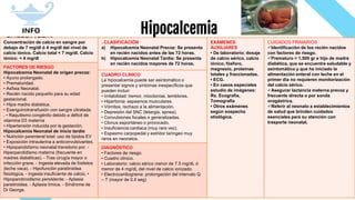 Info-enfermería
Hipocalcemia
Concentración de calcio en sangre por
debajo de 7 mg/dl ó 4 mg/dl del nivel de
calcio iónico. Calcio total < 7 mg/dl. Calcio
iónico: < 4 mg/dl
. CLASIFICACIÓN
a) Hipocalcemia Neonatal Precoz: Se presenta
en recién nacidos antes de las 72 horas.
b) Hipocalcemia Neonatal Tardía: Se presenta
en recién nacidos mayores de 72 horas.
EXÁMENES
AUXILIARES
• De laboratorio; dosaje
de calcio sérico, calcio
iónico, fósforo,
magnesio, proteínas
totales y fraccionadas.
• ECG.
• En casos especiales
estudio de imágenes:
Rx. Ecografía,
Tomografía
• Otros exámenes
según sospecha
etiológica.
CUIDADOS PRIMARIOS
Identificación de los recién nacidos
con factores de riesgo.
Prematuro > 1,500 gr e hijo de madre
diabética, que se encuentre saludable y
asintomático y que ha iniciado la
alimentación enteral con leche en el
primer día no requieren monitorización
del calcio sérico.
Asegurar lactancia materna precoz y
frecuente directa o por sonda
orogástrica.
Referir al neonato a establecimientos
de salud que brinden cuidados
esenciales para su atención con
trasporte neonatal.
FACTORES DE RIESGO
Hipocalcemia Neonatal de origen precoz:
• Ayuno prolongado.
• Prematuridad.
• Asfixia Neonatal.
• Recién nacido pequeño para su edad
gestacional.
• Hijos madre diabética.
• Exanguinotransfusión con sangre citratada.
. • Raquitismo congénito debido a déficit de
vitamina D3 materna
• Hipertensión inducida por la gestación.
Hipocalcemia Neonatal de inicio tardío
• Nutrición parenteral total: uso de lípidos EV
• Exposición intrauterina a anticonvulsivantes.
• Hipoparotidismo neonatal transitorio por: -
Hiperparotidismo materno (frecuente en
madres diabéticas). - Tras cirugía mayor o
infección grave. - Ingesta elevada de fosfatos
(leche vaca). - Hipofunción paratiroidea
fisiológica. - Ingesta insuficiente de calcio. •
Hipoparotiroidismo persistente: - Aplasia
paratiroidea. - Aplasia tímica. - Síndrome de
Di George.
CUADRO CLINICO
La hipocalcemia puede ser asintomático o
presentar signos y síntomas inespecíficos que
pueden incluir:
• Irritabilidad: tremor, mioclonías, temblores.
• Hipertonía: espasmos musculares.
• Vómitos, rechazo a la alimentación.
• Depresión del SNC (letargia, apnea).
• Convulsiones focales o generalizadas.
• Clonus espontáneo o provocado.
• Insuficiencia cardiaca (muy rara vez).
• Espasmo carpopedal y estridor laríngeo muy
raros en neonatos.
DIAGNÓSTICO
• Factores de riesgo.
• Cuadro clínico.
• Laboratorio: calcio sérico menor de 7.5 mg/dL ó
menor de 4 mg/dL del nivel de calcio ionizado.
• Electrocardiograma: prolongación del intervalo Q
– T (mayor de 0.4 seg)
 