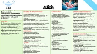 Info-enfermería
Asfixia
Síndrome clínico
caracterizado por depresión
cardiorrespiratoria secundaria
a hipoxemia y /o isquemia
tisular fetal.
FACTORES DE RIESGO ASOCIADOS
MATERNOS
• Hemorragia del tercer trimestre.
• Infecciones (urinaria, corioamnionitis, sepsis, etc.).
• Hipertensión inducida por el embarazo o HC.
• Anemia
• Intoxicación por drogas.
• Mala historia obstétrica previa. Útero-placentarios
• Anormalidades de cordón: circular de cordón
irreductible, procúbito y prolapso de cordón umbilical.
• Anormalidades placentarias: placenta previa,
desprendimiento prematuro de placenta.
• Alteración de la contractilidad uterina: hipotonía o
hipertonía uterina.
• Anormalidades uterinas anatómicas (útero bicorne).
OBSTÉTRICOS
• Líquido amniótico meconial.
• Incompatibilidad céfalo pélvica.
• Uso de medicamentos: Oxitocina.
• Presentaciones fetales anormales.
• Trabajo de parto prolongado o precipitado. /
instrumentado o cesárea.
• Ruptura prematura de membranas.
• Oligoamnios o polihidramnios.
FETALES
• Alteraciones de la frecuencia cardiaca fetal:
Bradicardia, taquicardia, arritmia.
• Percepción de disminución de movimientos fetales
por la madre.
• Retardo del crecimiento intrauterino.
• Prematuridad - Bajo peso.
• Macrosomía fetal - Postmadurez.
• Malformaciones congénitas.
CUADRO CLÍNICO
depende del órgano afectado:
 Sistema Nervioso Central:
Encefalopatía hipóxico- isquémica (RNT)
Hemorragia intraventricular, periventricular y
leucomalacia periventricular: RNP
 Problemas Metabólicos:
• Hipoglicemia.
• Hipocalcemia.
• Acidosis metabólica.
• Hiponatremia.
 Problemas Renales:
• Oliguria transitoria.
• Insuficiencia renal aguda.
 Problemas Pulmonares:
• Aspiración de meconio.
• Hipertensión pulmonar.
• Consumo del surfactante.
• Hipoperfusión pulmonar-shock pulmonar.
 Problemas Cardiovasculares:
• Insuficiencia cardiaca.
• Shock.
• Hipotensión.
• Necrosis miocárdica
 Problemas Gastrointestinales:
• Gastritis.
• Íleo metabólico.
• Enterocolitis necrosante.
• Disfunción hepática.
• Úlceras de estrés.
 Problemas Hematológicos:
• Trombocitopenia.
• Coagulación intravascular diseminada.
CRITERIOS DE DIAGNÓSTICO:
• Acidemia metabólica o mixta profunda
(pH < 7) en una muestra de sangre
arterial del cordón umbilical durante la
primera hora de nacido.
• Persistencia de un puntaje de Apgar de
0 a 3 a los 5 minutos.
• Secuelas neurológicas clínicas en el
periodo neonatal inmediato
que incluyen convulsiones, hipotonía,
coma o encefalopatía hipóxicoisquémica.
• Evidencias de disfunción multiorgánica
en el periodo neonatal
inmediato.
ETIOLOGÍA
Es el mecanismo etiológico atribuido
a la isquemia hipóxica intraparto y
sobre todo anteparto. El 90% de las
causas de hipoxia perinatal se
originan intrauterinamente, el 20%
antes del inicio del trabajo de parto y
el 70% durante el parto y el periodo
expulsivo y el 10% restante en el
periodo neonatal.
EXÁMENES AUXILIARES Según el
compromiso, pueden alterarse y requerirse los
siguientes:
• Hemograma, Hemoglobina, Hematocrito,
Grupo sanguíneo y Rh.
• Análisis de gases arteriales (1º hora y luego,
según el caso).
• Perfil de coagulación.
• Electrolitos séricos, urea, creatinina.
• Glicemia, calcemia.
• Examen completo de orina: densidad urinaria.
• Radiografía tóracoabdominal.
• Electroencefalograma.
• Tomografía axial computarizada cerebral.
• Ecocardiografía
 