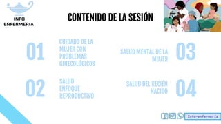 Info-enfermería
CONTENIDO DE LA SESIÓN
03
CUIDADO DE LA
MUJER CON
PROBLEMAS
GINECOLÓGICOS
SALUD MENTAL DE LA
MUJER
SALUD
ENFOQUE
REPRODUCTIVO
SALUD DEL RECIÉN
NACIDO
02 04
01
 