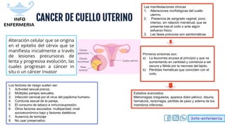 Info-enfermería
Alteración celular que se origina
en el epitelio del cérvix que se
manifiesta inicialmente a través
de lesiones precursoras de
lenta y progresiva evolución, las
cuales progresan a cáncer in
situ o un cáncer invasor
Los factores de riesgo suelen ser:
1. Actividad sexual precoz.
2. Múltiples parejas sexuales.
3. Infección cervical por el virus del papiloma humano.
4. Conducta sexual de la pareja.
5. El consumo de tabaco e inmunosupresión.
6. Otros factores asociados: multiparidad, nivel
socioeconómico bajo y factores dietéticos.
7. Ausencia de tamizaje
8. No usar preservativo
Las manifestaciones clínicas
1. Alteraciones morfológicas del cuello
uterino.
2. Presencia de sangrado vaginal, poco
intenso, sin relación menstrual, que se
presenta tras el coito o ante algún
esfuerzo físico.
3. Las fases precoces son asintomáticas
Primeros síntomas son:
a) La leucorrea acuosa al principio y que va
aumentando en cantidad y comienza a ser
oscura y fétida por la necrosis del tejido.
b) Pérdidas hemáticas que coinciden con el
coito.
Estadios avanzados:
Metrorragias irregulares, aparece dolor pélvico, disuria,
hematuria, rectorragia, pérdida de peso y edema de los
miembros inferiores.
CANCER DE CUELLO UTERINO
 