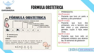 Info-enfermería
FORMULA OBSTETRICA
• PRIMIGESTA:
G:o P:o-o-o-o
• Paciente que tuvo un parto a
termino y otro prematuro
G:2 P:1-1-0-2
• Paciente que tuvo dos
embarazo, uno a termino con
feto único y uno prtermino
gemelar, cuyos 3 hijos estan
vivos.
G:2 P:1-1-2-3
• Paciente que tuvo solo un
embarazo ectópico que alcanzo
las 18 semanas de gestación
G:1 P:0-0-1-0
 