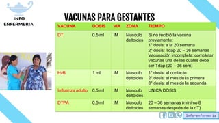Info-enfermería
VACUNAS PARA GESTANTES
VACUNA DOSIS VIA ZONA TIEMPO
DT 0.5 ml IM Musculo
deltoides
Si no recibió la vacuna
previamente:
1° dosis: a la 20 semana
2° dosis: Tdap 20 – 36 semanas
Vacunación incompleta: completar
vacunas una de las cuales debe
ser Tdap (20 – 36 sem)
HvB 1 ml IM Musculo
deltoides
1° dosis: al contacto
2° dosis: al mes de la primera
3° dosis: al mes de la segunda
Influenza adulto 0.5 ml IM Musculo
deltoides
UNICA DOSIS
DTPA 0.5 ml IM Musculo
deltoides
20 – 36 semanas (mínimo 8
semanas después de la dT)
 