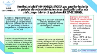 Info-enfermería
Directiva Sanitaria N° 094-MINSA/2020/DGIESP, para garantizar la salud de
las gestantes y la continuidad de la atención en planificación familiar ante
la infección por la Covid-19, aprobado con RM 217-2020 MINSA.
Establecer disposiciones para la
atención de la salud materna,
que contribuya a la prevención,
reducción y manejo de los casos
de gestantes y puérperas
sospechosas o infectadas por la
COVID-19.
Asegurar la atención de la salud
materna de las mujeres
gestantes y puérperas durante
la emergencia sanitaria
nacional.
Garantizar los servicios de salud
sexual y reproductiva; así como
la continuidad de la entrega de
métodos anticonceptivos para la
población que lo requiera, en el
establecimiento de salud.
Atender los casos de violencia
sexual y entregar los Kits para el
diagnóstico y tratamiento de las
enfermedades de Transmisión
Sexual y prevenir un embarazo
Signos de alarma para
COVID-19, caracteristicas
Clínicas para atención
inmediata a la gestante:
- Sensación de falta de
aire o dificultad para
respirar
- Desorientación,
confusión
- Fiebre >38°C x 2 días
- Dolor en el pecho
- Coloración azul de los
labios
 