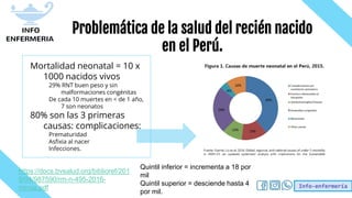 Info-enfermería
Problemática de la salud del recién nacido
en el Perú.
Mortalidad neonatal = 10 x
1000 nacidos vivos
29% RNT buen peso y sin
malformaciones congénitas
De cada 10 muertes en < de 1 año,
7 son neonatos
80% son las 3 primeras
causas: complicaciones:
Prematuridad
Asfixia al nacer
Infecciones.
https://docs.bvsalud.org/biblioref/201
9/04/987590/rm-n-495-2016-
minsa.pdf
Quintil inferior = incrementa a 18 por
mil
Quintil superior = desciende hasta 4
por mil.
 