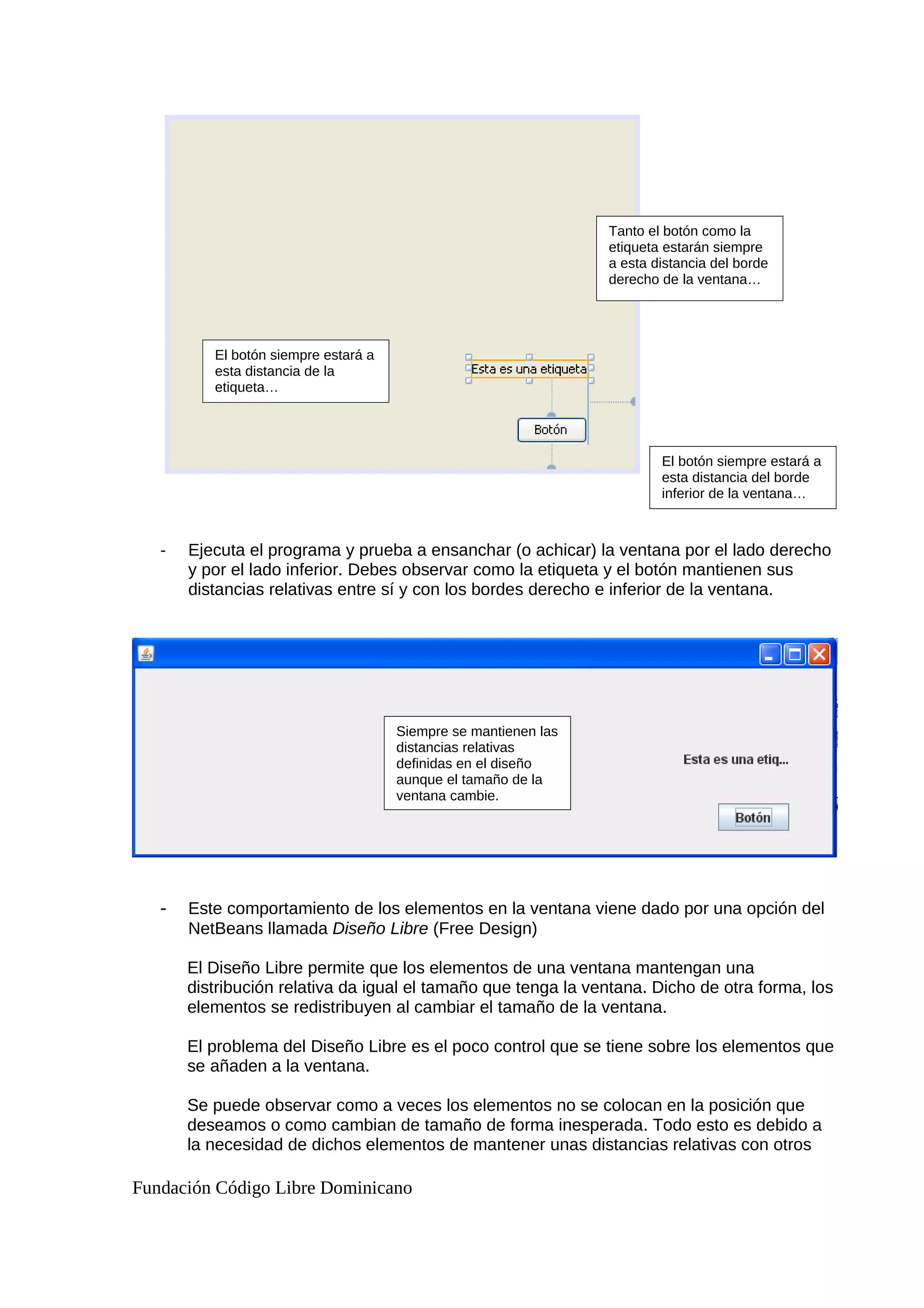 - Ejecuta el programa y prueba a ensanchar (o achicar) la ventana por el lado derecho
y por el lado inferior. Debes observar como la etiqueta y el botón mantienen sus
distancias relativas entre sí y con los bordes derecho e inferior de la ventana.
- Este comportamiento de los elementos en la ventana viene dado por una opción del
NetBeans llamada Diseño Libre (Free Design)
El Diseño Libre permite que los elementos de una ventana mantengan una
distribución relativa da igual el tamaño que tenga la ventana. Dicho de otra forma, los
elementos se redistribuyen al cambiar el tamaño de la ventana.
El problema del Diseño Libre es el poco control que se tiene sobre los elementos que
se añaden a la ventana.
Se puede observar como a veces los elementos no se colocan en la posición que
deseamos o como cambian de tamaño de forma inesperada. Todo esto es debido a
la necesidad de dichos elementos de mantener unas distancias relativas con otros
Fundación Código Libre Dominicano
Tanto el botón como la
etiqueta estarán siempre
a esta distancia del borde
derecho de la ventana…
El botón siempre estará a
esta distancia de la
etiqueta…
El botón siempre estará a
esta distancia del borde
inferior de la ventana…
Siempre se mantienen las
distancias relativas
definidas en el diseño
aunque el tamaño de la
ventana cambie.
 