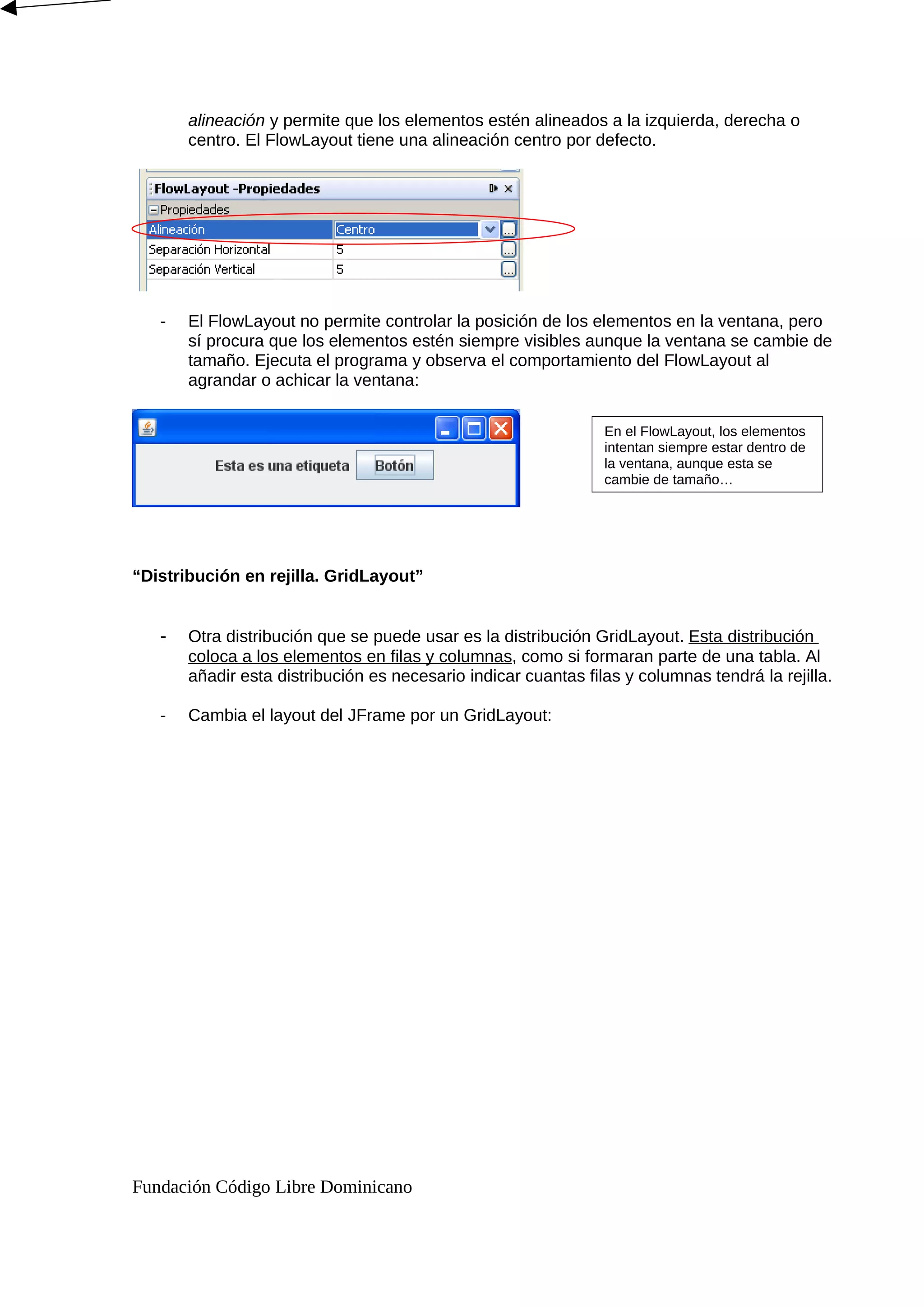 alineación y permite que los elementos estén alineados a la izquierda, derecha o
centro. El FlowLayout tiene una alineación centro por defecto.
- El FlowLayout no permite controlar la posición de los elementos en la ventana, pero
sí procura que los elementos estén siempre visibles aunque la ventana se cambie de
tamaño. Ejecuta el programa y observa el comportamiento del FlowLayout al
agrandar o achicar la ventana:
“Distribución en rejilla. GridLayout”
- Otra distribución que se puede usar es la distribución GridLayout. Esta distribución
coloca a los elementos en filas y columnas, como si formaran parte de una tabla. Al
añadir esta distribución es necesario indicar cuantas filas y columnas tendrá la rejilla.
- Cambia el layout del JFrame por un GridLayout:
Fundación Código Libre Dominicano
En el FlowLayout, los elementos
intentan siempre estar dentro de
la ventana, aunque esta se
cambie de tamaño…
 