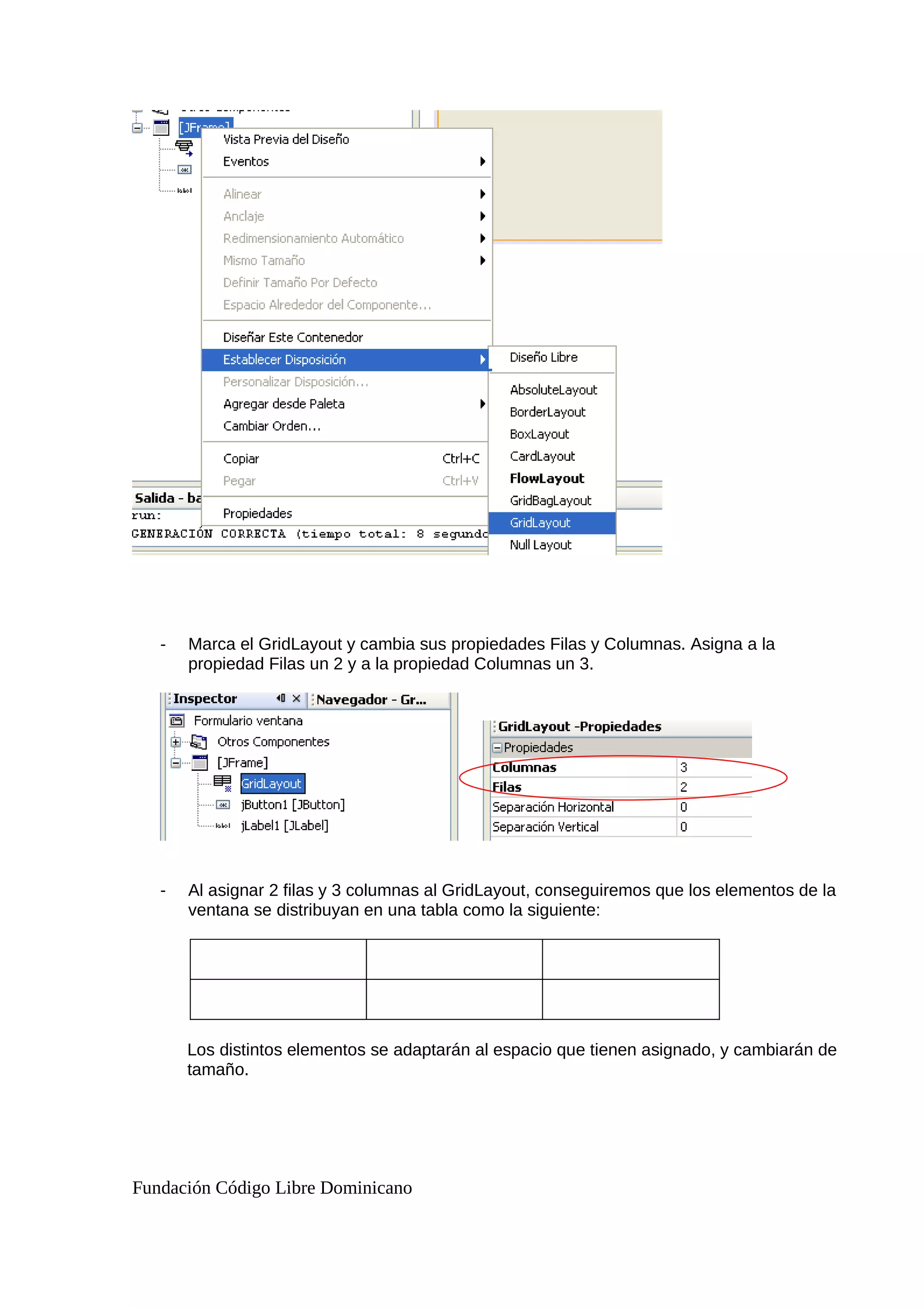 - Marca el GridLayout y cambia sus propiedades Filas y Columnas. Asigna a la
propiedad Filas un 2 y a la propiedad Columnas un 3.
- Al asignar 2 filas y 3 columnas al GridLayout, conseguiremos que los elementos de la
ventana se distribuyan en una tabla como la siguiente:
Los distintos elementos se adaptarán al espacio que tienen asignado, y cambiarán de
tamaño.
Fundación Código Libre Dominicano
 
