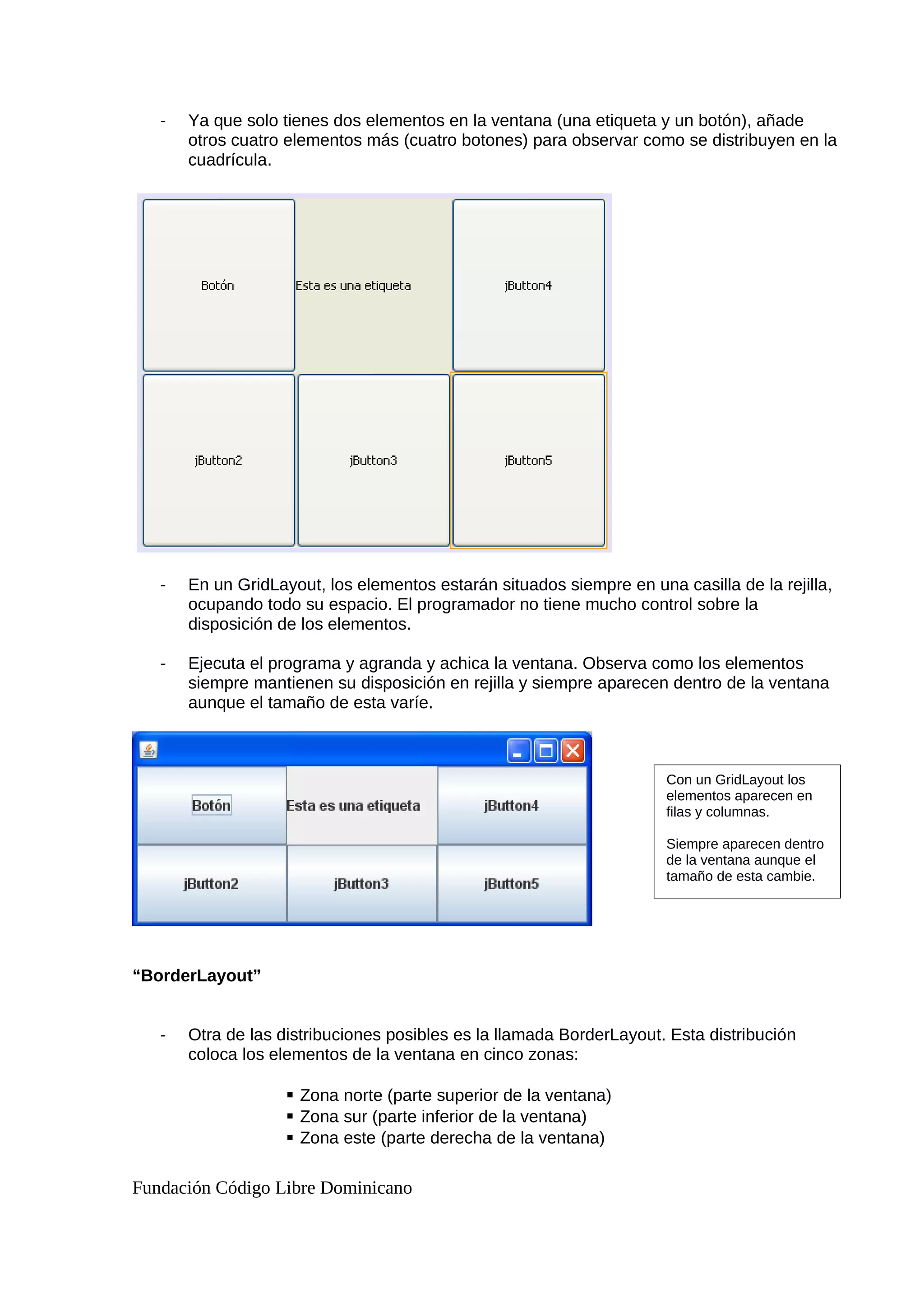 - Ya que solo tienes dos elementos en la ventana (una etiqueta y un botón), añade
otros cuatro elementos más (cuatro botones) para observar como se distribuyen en la
cuadrícula.
- En un GridLayout, los elementos estarán situados siempre en una casilla de la rejilla,
ocupando todo su espacio. El programador no tiene mucho control sobre la
disposición de los elementos.
- Ejecuta el programa y agranda y achica la ventana. Observa como los elementos
siempre mantienen su disposición en rejilla y siempre aparecen dentro de la ventana
aunque el tamaño de esta varíe.
“BorderLayout”
- Otra de las distribuciones posibles es la llamada BorderLayout. Esta distribución
coloca los elementos de la ventana en cinco zonas:
 Zona norte (parte superior de la ventana)
 Zona sur (parte inferior de la ventana)
 Zona este (parte derecha de la ventana)
Fundación Código Libre Dominicano
Con un GridLayout los
elementos aparecen en
filas y columnas.
Siempre aparecen dentro
de la ventana aunque el
tamaño de esta cambie.
 