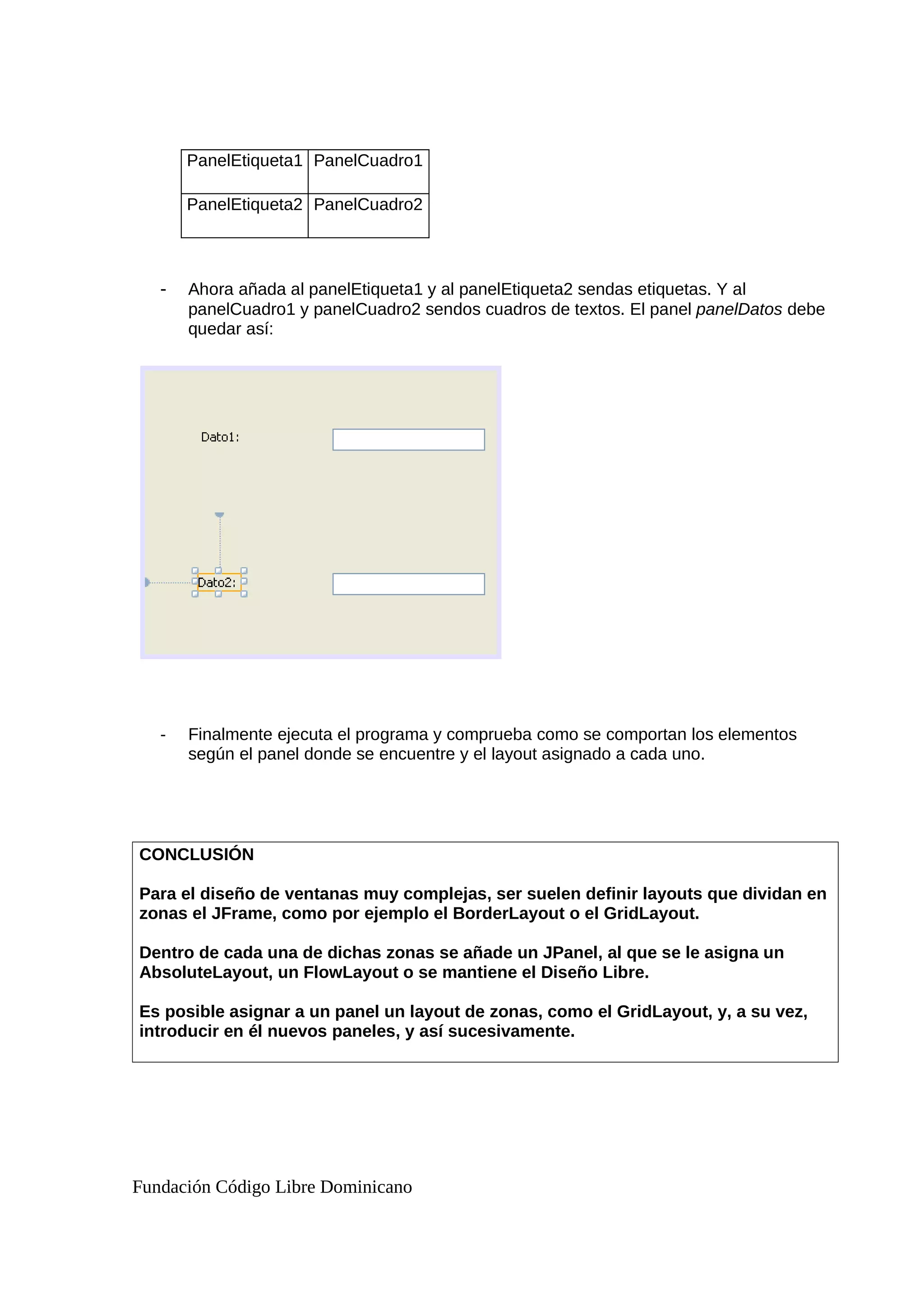 PanelEtiqueta1 PanelCuadro1
PanelEtiqueta2 PanelCuadro2
- Ahora añada al panelEtiqueta1 y al panelEtiqueta2 sendas etiquetas. Y al
panelCuadro1 y panelCuadro2 sendos cuadros de textos. El panel panelDatos debe
quedar así:
- Finalmente ejecuta el programa y comprueba como se comportan los elementos
según el panel donde se encuentre y el layout asignado a cada uno.
CONCLUSIÓN
Para el diseño de ventanas muy complejas, ser suelen definir layouts que dividan en
zonas el JFrame, como por ejemplo el BorderLayout o el GridLayout.
Dentro de cada una de dichas zonas se añade un JPanel, al que se le asigna un
AbsoluteLayout, un FlowLayout o se mantiene el Diseño Libre.
Es posible asignar a un panel un layout de zonas, como el GridLayout, y, a su vez,
introducir en él nuevos paneles, y así sucesivamente.
Fundación Código Libre Dominicano
 