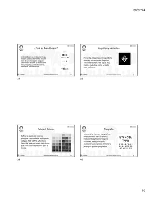 20/07/24
10
¿Qué es Brandboard?
Un brandboard es un documento que
recopila todos los elementos visuales
clave de una marca para asegurar
consistencia en todas las aplicaciones.
Incluye logotipo, paleta de colores,
tipografías, patrones y más.
17/7/24 www.influenciadigital.com.mx 37
37
Logotipo y variantes
Presenta el logotipo principal de la
marca y sus variantes (logotipo
secundario, marca de agua, etc.).
Explica cuándo y cómo se debe
usar cada uno.
17/7/24 www.influenciadigital.com.mx 38
38
Paleta de Colores
Define la paleta de colores
principal y secundaria, incluyendo
códigos RGB, CMYK, y Pantone.
Describe las emociones o atributos
que cada color representa para la
marca.
17/7/24 www.influenciadigital.com.mx 39
39
Tipografía
Muestra las fuentes tipográficas
seleccionadas para la marca,
incluyendo aplicaciones para
titulares, texto principal y
cualquier uso especial. Detalla la
jerarquía y usos apropiados.
17/7/24 www.influenciadigital.com.mx 40
40
 