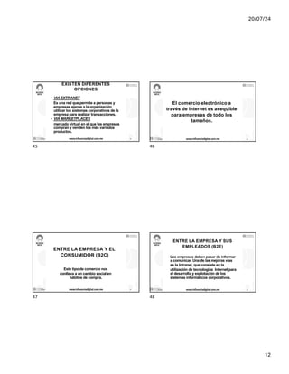 20/07/24
12
EXISTEN DIFERENTES
OPCIONES
• VIA EXTRANET
Es una red que permite a personas y
empresas ajenas a la organización
utilizar los sistemas corporativos de la
empresa para realizar transacciones.
• VIA MARKETPLACES
mercado virtual en el que las empresas
compran y venden los más variados
productos.
17/7/24 www.influenciadigital.com.mx 45
45
El comercio electrónico a
través de Internet es asequible
para empresas de todo los
tamaños.
17/7/24 www.influenciadigital.com.mx 46
46
ENTRE LA EMPRESA Y EL
CONSUMIDOR (B2C)
Este tipo de comercio nos
conlleva a un cambio social en
hábitos de compra.
17/7/24 www.influenciadigital.com.mx 47
47
ENTRE LA EMPRESA Y SUS
EMPLEADOS (B2E)
Las empresas deben pasar de informar
a comunicar. Una de las mejoras vías
es la Intranet, que consiste en la
utilización de tecnologías Internet para
el desarrollo y explotación de los
sistemas informáticos corporativos.
17/7/24 www.influenciadigital.com.mx 48
48
 