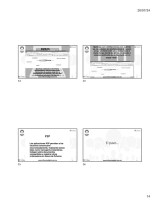 20/07/24
14
B2B2C
Sportmas, dedicado a minoristas,
distribuidores, marcas comerciales,
fabricantes de equipos originales y
proveedores con licencia y por otro lado
dedicado al entusiasta del deporte.
17/7/24 www.influenciadigital.com.mx 53
53
Sportmas.com y b2bSportamas.com, cubrirán
las necesidades del detallista desde el instante
en que un cliente entra en su tienda, hasta el
momento que decide las ofertas, novedades o
subastas publicadas por el fabricante con un
simple “click”.
17/7/24 www.influenciadigital.com.mx 54
54
P2P
Las aplicaciones P2P permiten a los
usuarios comunicarse
sincronizadamente, realizando tareas
tales como mensajería instantánea,
trabajar sobre documentos
compartidos y registrar otros
ordenadores en busca de ficheros
17/7/24 www.influenciadigital.com.mx 55
55
El pavo…
17/7/24 www.influenciadigital.com.mx 56
56
 