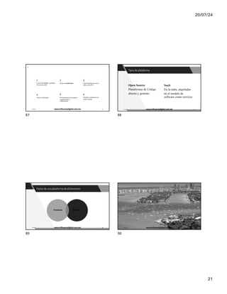 20/07/24
21
7
1
Creación del layout y usabilidad
de la tienda virtual
4
Sistema de Búsqueda
2
Reglas de promociones
5
Recomendaciones de productos
complementarios y
suplementarios
3
Funcionalidades para atraer
tráfico como SEO
6
Checkout e integración con
medios de pago.
17/7/24 www.influenciadigital.com.mx 87
87
Open Source
Plataformas de Código
abierto y gratuito
SaaS
En la nube, alquiladas
en el modelo de
software como servicio
17/7/24 www.influenciadigital.com.mx 88
88
Backend
Frontend
17/7/24 www.influenciadigital.com.mx 89
89
Descansen
17/7/24 www.influenciadigital.com.mx 90
90
 