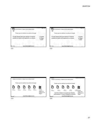 20/07/24
27
@ ikhuerta / IÑAKI HUERTA
¡Y puede
no llegar
a todo!
# clinicseo
FORMAS DE ENTENDER EL TRABAJO SEO EN CRAWL BUDGET
Tiempo que nos dedican las arañas de Google
En este tiempo tiene que rastrear el máximo
posible de nuestro site siguiendo sus enlaces…
17/7/24 www.influenciadigital.com.mx 111
111
@ ikhuerta / IÑAKI HUERTA
¡Y puede
no llegar
a todo!
# clinicseo
FORMAS DE ENTENDER EL TRABAJO SEO EN CRAWL BUDGET
Tiempo que nos dedican las arañas de Google
En este tiempo tiene que rastrear el máximo
posible de nuestro site siguiendo sus enlaces…
17/7/24 www.influenciadigital.com.mx 112
112
@ ikhuerta / IÑAKI HUERTA
Página
Rastreada
Página
Rastreada A esta
página las
arañas ya no
llegan
Página
Rastreada
Página
Rastreada
Página
Rastreada
# clinicseo
FORMAS DE ENTENDER EL TRABAJO SEO EN CRAWL BUDGET
Tiempo que nos dedican las arañas de Google
17/7/24 www.influenciadigital.com.mx 113
113
@ ikhuerta / IÑAKI HUERTA
A esta
página las
arañas ya no
llegan
# clinicseo
FORMAS DE ENTENDER EL TRABAJO SEO EN CRAWL BUDGET
Tiempo que nos dedican las arañas de Google
Página Página Página Página Página
Rastreada Rastreada Rastreada Rastreada Rastreada
NUESTRO TRABAJO ES ELEGIR QUE PÁGINAS
ASEGURAMOS Y CUALES PONEMOS EN RIESGO
17/7/24 www.influenciadigital.com.mx 114
114
 