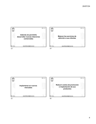 20/07/24
4
Además de permitirle
desarrollar nuevas relaciones
comerciales
17/7/24 www.influenciadigital.com.mx 13
13
Mejorar los servicios de
atención a sus clientes
17/7/24 www.influenciadigital.com.mx 14
14
Implantarse en nuevos
mercados
17/7/24 www.influenciadigital.com.mx 15
15
Reducir costos de promoción
e implantación de sus
productos
17/7/24 www.influenciadigital.com.mx 16
16
 