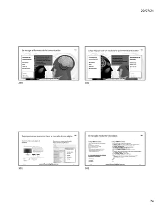 20/07/24
74
Se escoge el formato de la comunicación
Hay diversas vías de
comunicarse, pero
conviene usar las más
usadas y/o
recomendadas
Formatos de
comunicación :
Microdatos
RDFa
JSON-LD
Microformatos
…
Leyenda:
Más usados
Recomendados
MrS
17/7/24 www.influenciadigital.com.mx 299
299
Luego hay que usar un vocabulario que entienda el buscador
Conviene usar los
vocabularios que
permitan mayores
posibilidades de marcado
y más extendidos
Formatos de
comunicación :
Microdatos
RDFa
JSON-LD
Microformatos
…
Vocabularios de
marcado:
Schema.org
Dublin Core
Open Graph
…
Leyenda:
Más usados
Recomendados
MrS
17/7/24 www.influenciadigital.com.mx 300
300
Supongamos que queremos hacer el marcado de una página
Queremos marcar una página de
producto
Buscamos un esquema adecuado
https://schema.org/Product
Podemos marcar:
•
•
•
•
•
•
Tipo de datos
Nombre
Imagen
Valoración
Ofertas
…
MrS
17/7/24 www.influenciadigital.com.mx 301
301
El marcado mediante Microdatos
Código CON Microdatos
<div itemscope itemtype="http://schema.org/Product" >
<img itemprop="image" src="dell-30in-lcd.jpg" alt="A Dell UltraSharp monitor"/>
<span itemprop="name" >Dell UltraSharp 30" LCD Monitor</span>
<div itemprop="aggregateRating"
itemscope itemtype="http://schema.org/AggregateRating" >
<span itemprop="ratingValue" >87</span>
out of <span itemprop="bestRating" >100</span>
based on <span itemprop="ratingCount" >24</span> user ratings
</div>
<div itemprop="offers" itemscope itemtype="http://schema.org/AggregateOffer" >
<span itemprop="lowPrice" >$1250</span>
to <span itemprop="highPrice" >$1495</span>
from <span itemprop="offerCount" >8</span> sellers
Sellers:
<div itemprop="offers" itemscope itemtype="http://schema.org/Offer" >
<a itemprop="url" href="save-a-lot-monitors.com/dell-30.html">
Save A Lot Monitors - $1250</a>
</div>
</div>
...
</div>
Código SIN Microdatos
<img src="dell-30in-lcd.jpg" alt="A Dell UltraSharp
monitor" />
Dell UltraSharp 30" LCD Monitor
87 out of 100 based on 24 user ratings
$1250 to $1495 from 8 sellers
Sellers:
<a href="save-a-lot-monitors.com/dell-30.html">
Save A Lot Monitors - $1250</a>
<a href="jondoe-gadgets.com/dell-30.html">
Jon Doe's Gadgets - $1350</a>
...
En el marcado usaremos los atributos
especiales de microdatos:
• Itemscope
• Itemtype
• Itemprop
MrS
17/7/24 www.influenciadigital.com.mx 302
302
 