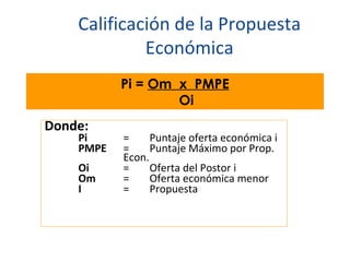 Calificación de la Propuesta Económica Donde: Pi = Puntaje oferta económica i PMPE = Puntaje Máximo por Prop. Econ. Oi = Oferta del Postor i Om = Oferta económica menor I = Propuesta Pi =  Om  x  PMPE Oi 