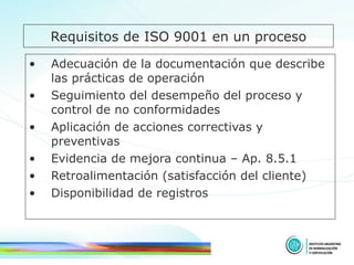 Requisitos de ISO 9001 en un proceso Adecuación de la documentación que describe las prácticas de operación  Seguimiento del desempeño del proceso y control de no conformidades  Aplicación de acciones correctivas y preventivas Evidencia de mejora continua – Ap. 8.5.1 Retroalimentación (satisfacción del cliente) Disponibilidad de registros 