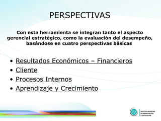 PERSPECTIVAS Con esta herramienta se integran tanto el aspecto gerencial estratégico, como la evaluación del desempeño, basándose en cuatro perspectivas básicas   Resultados Económicos – Financieros Cliente Procesos Internos Aprendizaje y Crecimiento 