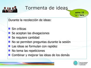 Durante la recolección de ideas: Sin críticas Se aceptan las divagaciones Se requiere cantidad No se permiten preguntas durante la sesión Las ideas se formulan con rapidez No tema las repeticiones Combinar y mejorar las ideas de los demás Tormenta de ideas entre 15´a 1 hora 