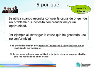 Se utiliza cuando necesite conocer la causa de origen de un problema o si necesita comprender mejor un oportunidad. Por ejemplo al investigar la causa que ha generado una no conformidad 5 por qué entre 5´a 2 horas Las personas deben ser  abiertas, honestas e involucrarse en el espíritu de aprendizaje. Si la persona adopta una actitud a la defensiva es poco probable que los resultados sean útiles. 