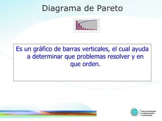 Es un gráfico de barras verticales, el cual ayuda a determinar que problemas resolver y en que orden. Diagrama de Pareto 