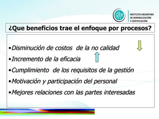 Disminución de costos  de la no calidad Incremento de la eficacia Cumplimiento  de los requisitos de la gestión Motivación y participación del personal  Mejores relaciones con las partes interesadas ¿Que beneficios trae el enfoque por procesos? 