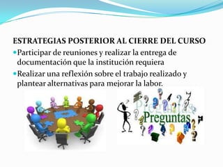 ESTRATEGIAS POSTERIOR AL CIERRE DEL CURSO
Participar de reuniones y realizar la entrega de
documentación que la institución requiera
Realizar una reflexión sobre el trabajo realizado y
plantear alternativas para mejorar la labor.
 