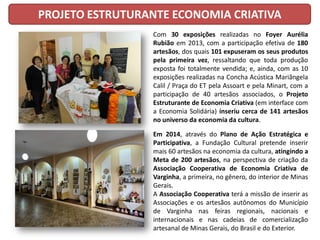 PROJETO ESTRUTURANTE ECONOMIA CRIATIVA
Com 30 exposições realizadas no Foyer Aurélia
Rubião em 2013, com a participação efetiva de 180
artesãos, dos quais 101 expuseram os seus produtos
pela primeira vez, ressaltando que toda produção
exposta foi totalmente vendida; e, ainda, com as 10
exposições realizadas na Concha Acústica Mariângela
Calil / Praça do ET pela Assoart e pela Minart, com a
participação de 40 artesãos associados, o Projeto
Estruturante de Economia Criativa (em interface com
a Economia Solidária) inseriu cerca de 141 artesãos
no universo da economia da cultura.
Em 2014, através do Plano de Ação Estratégica e
Participativa, a Fundação Cultural pretende inserir
mais 60 artesãos na economia da cultura, atingindo a
Meta de 200 artesãos, na perspectiva de criação da
Associação Cooperativa de Economia Criativa de
Varginha, a primeira, no gênero, do interior de Minas
Gerais.
A Associação Cooperativa terá a missão de inserir as
Associações e os artesãos autônomos do Município
de Varginha nas feiras regionais, nacionais e
internacionais e nas cadeias de comercialização
artesanal de Minas Gerais, do Brasil e do Exterior.
 