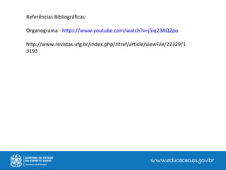 Referências Bibliográficas:
Organograma - https://www.youtube.com/watch?v=j5iq23AQ2po
http://www.revistas.ufg.br/index.php/ritref/article/viewFile/22329/1
3193
 