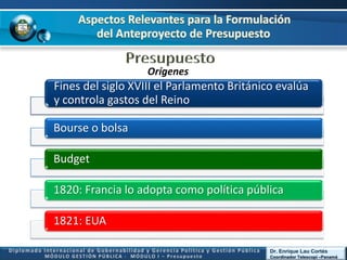Fines del siglo XVIII el Parlamento Británico evalúa 
y controla gastos del Reino 
Bourse o bolsa 
Budget 
1820: Francia l...