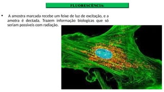 FLUORESCÈNCIA
🞄 A amostra marcada recebe um feixe de luz de excitação, e a
amotra é dectada. Trazem informação biologicas que só
seriam possiveis com radiação.
 