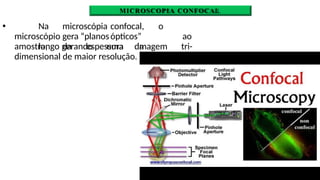 MICROSCOPIA CONFOCAL
🞄 Na microscópia confocal, o
microscópio gera “planosópticos” ao
longo da espessura da
amostra, gerando uma imagem tri-
dimensional de maior resolução.
 