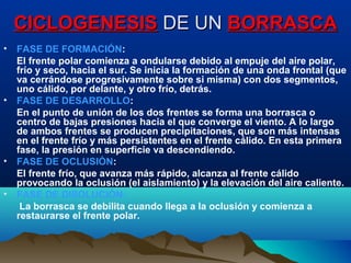 CICLOGENESISCICLOGENESIS DE UNDE UN BORRASCABORRASCA
• FASE DE FORMACIÓN:
El frente polar comienza a ondularse debido al empuje del aire polar,
frío y seco, hacia el sur. Se inicia la formación de una onda frontal (que
va cerrándose progresivamente sobre si misma) con dos segmentos,
uno cálido, por delante, y otro frío, detrás.
• FASE DE DESARROLLO:
En el punto de unión de los dos frentes se forma una borrasca o
centro de bajas presiones hacia el que converge el viento. A lo largo
de ambos frentes se producen precipitaciones, que son más intensas
en el frente frío y más persistentes en el frente cálido. En esta primera
fase, la presión en superficie va descendiendo.
• FASE DE OCLUSIÓN:
El frente frío, que avanza más rápido, alcanza al frente cálido
provocando la oclusión (el aislamiento) y la elevación del aire caliente.
• FASE DE DISOLUCIÓN:
La borrasca se debilita cuando llega a la oclusión y comienza a
restaurarse el frente polar.
 